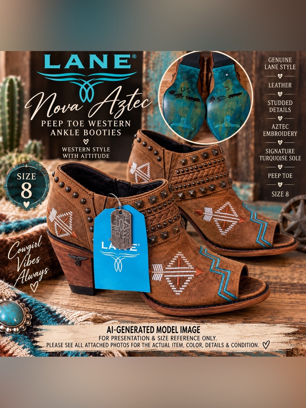 Lane Nova Aztec Leather Peep Toe Western Booties Size 8 NWT